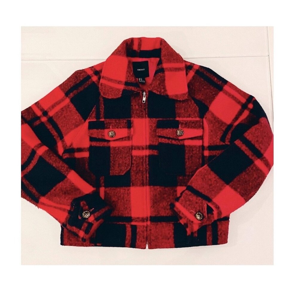 Plaid Wool Jacket, Size S, Red and Navy Short Jacket, Winter Coat